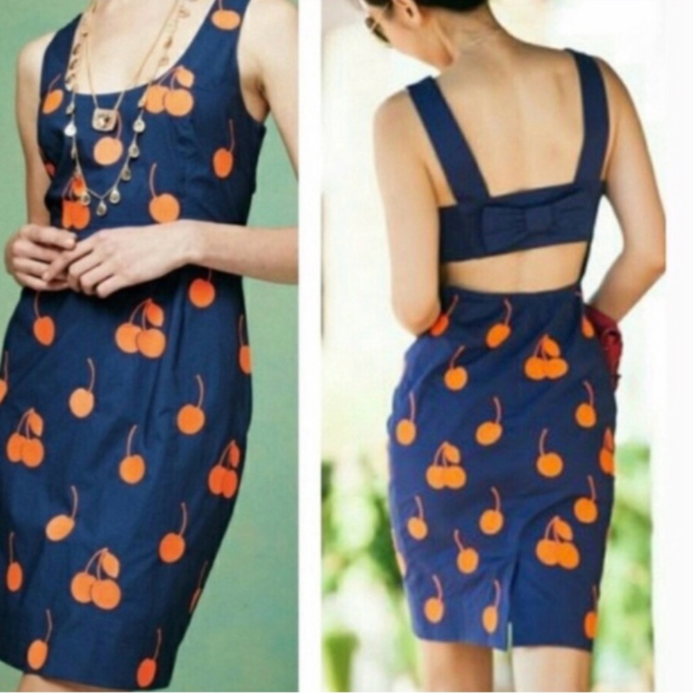 Leifnote by Anthropologie Backless Navy Dress with Orange Colored Cherry Print
